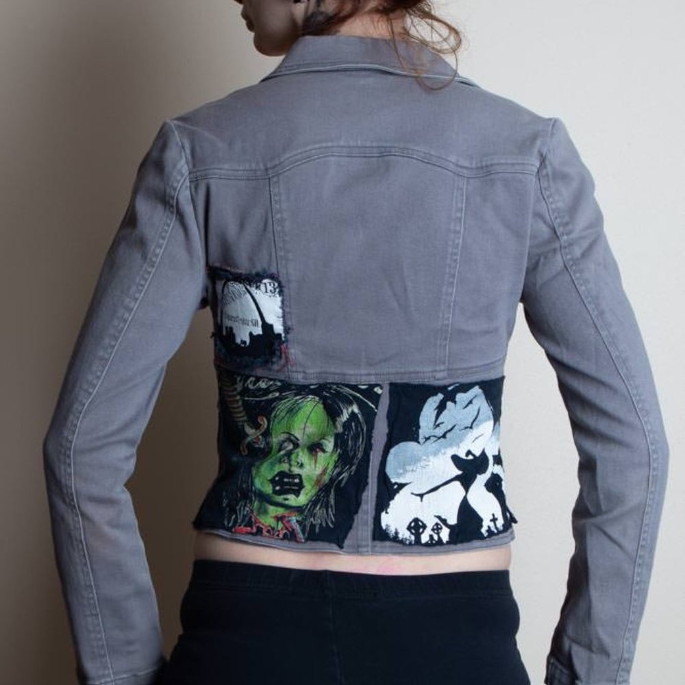 Punk gray denim blazer jacket - patches - Sm / XS